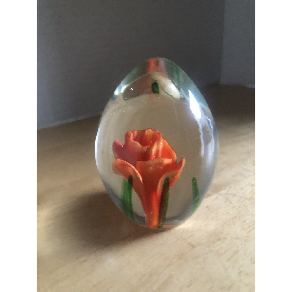 Paperweight Egg Shaped Glass Floral Paperweight, Orange Flower W/Grass Blades
